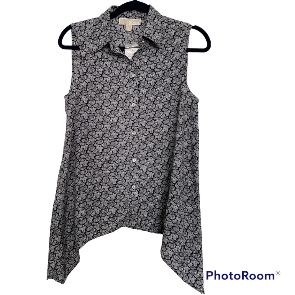 Michael Kors Black White Printed Vneck Blouse Small